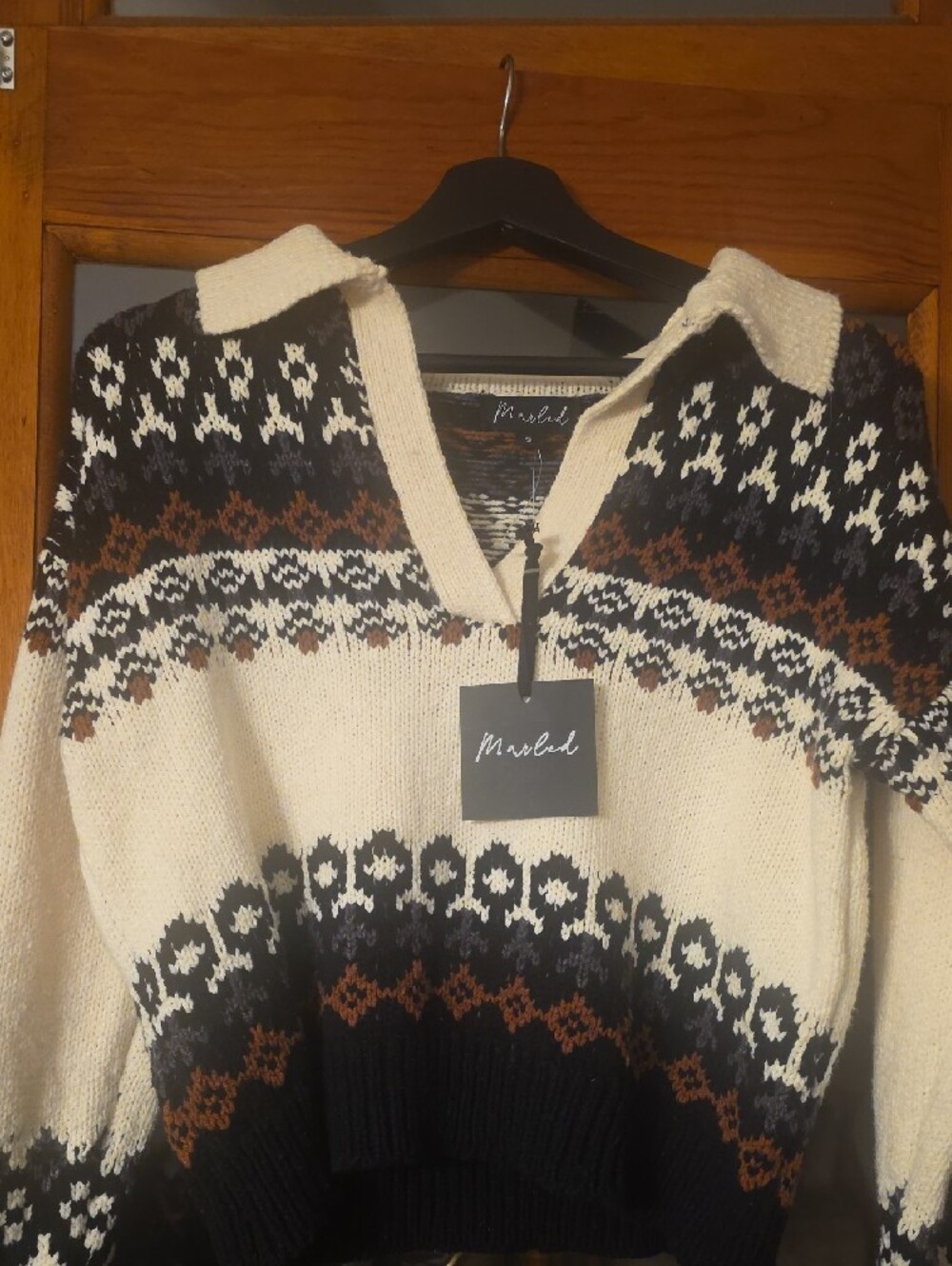 Marled Fair Isle V-Neck Sweater in Cream, Black & Brown